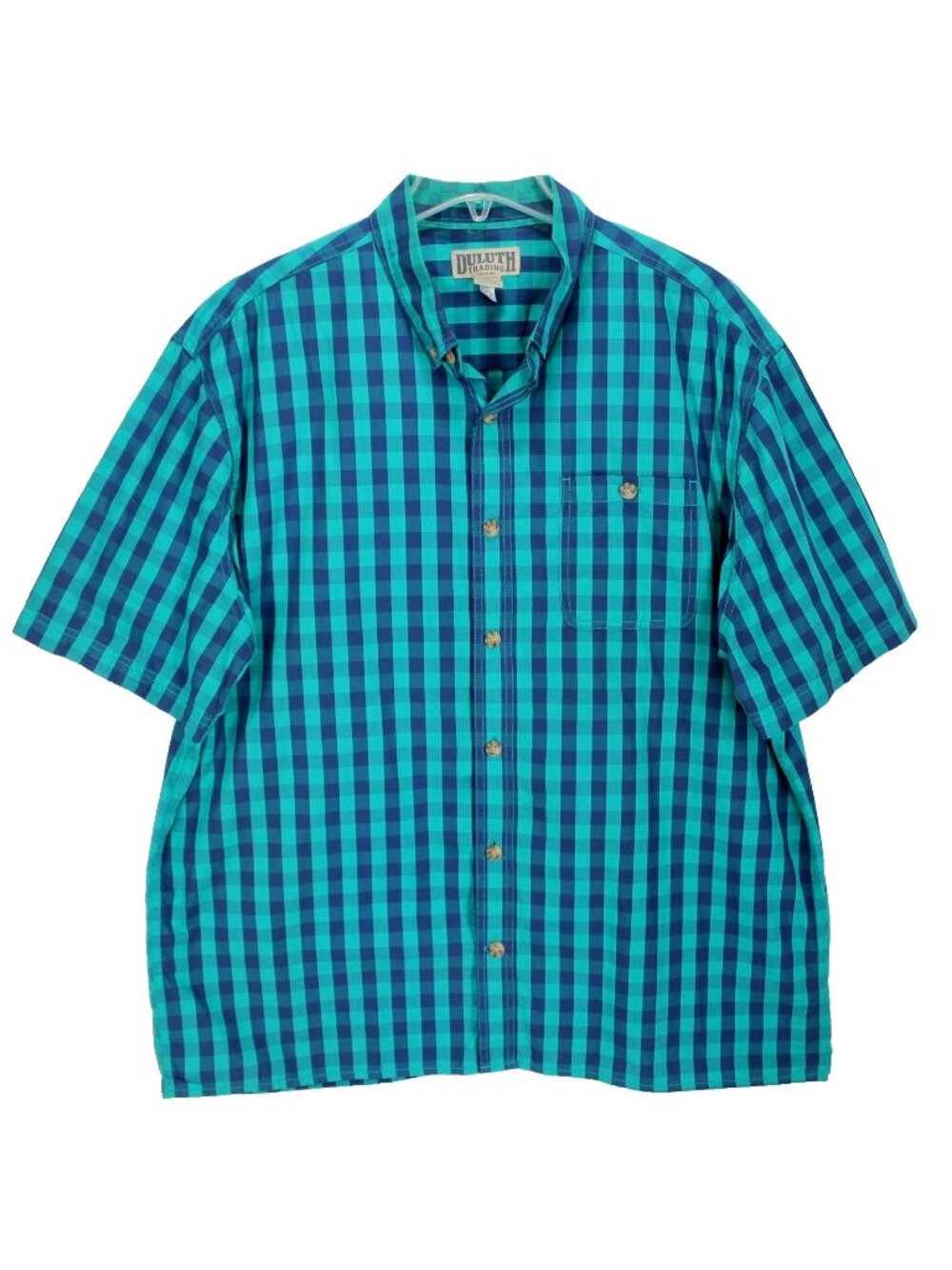 Duluth Trading Co Shirt Mens Size XL Blue Teal Check Short Sleeve Button Front